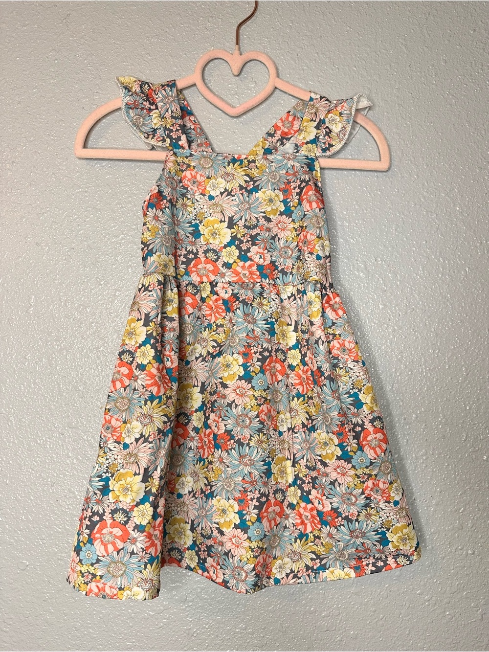 Girls Floral Ruffled Strap Dress in Teal, Coral & Yellow